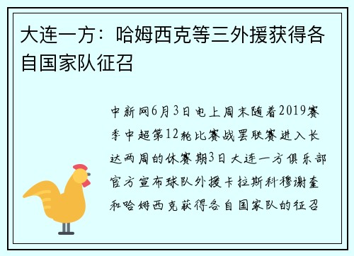 大连一方：哈姆西克等三外援获得各自国家队征召