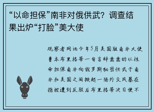 “以命担保”南非对俄供武？调查结果出炉“打脸”美大使