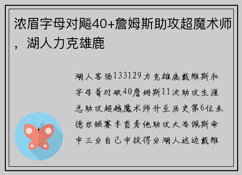 浓眉字母对飚40+詹姆斯助攻超魔术师，湖人力克雄鹿